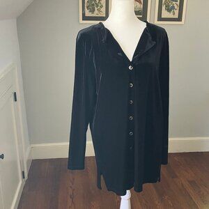 Velvet-style black blouse with feature buttons, Size M (US 8-10)